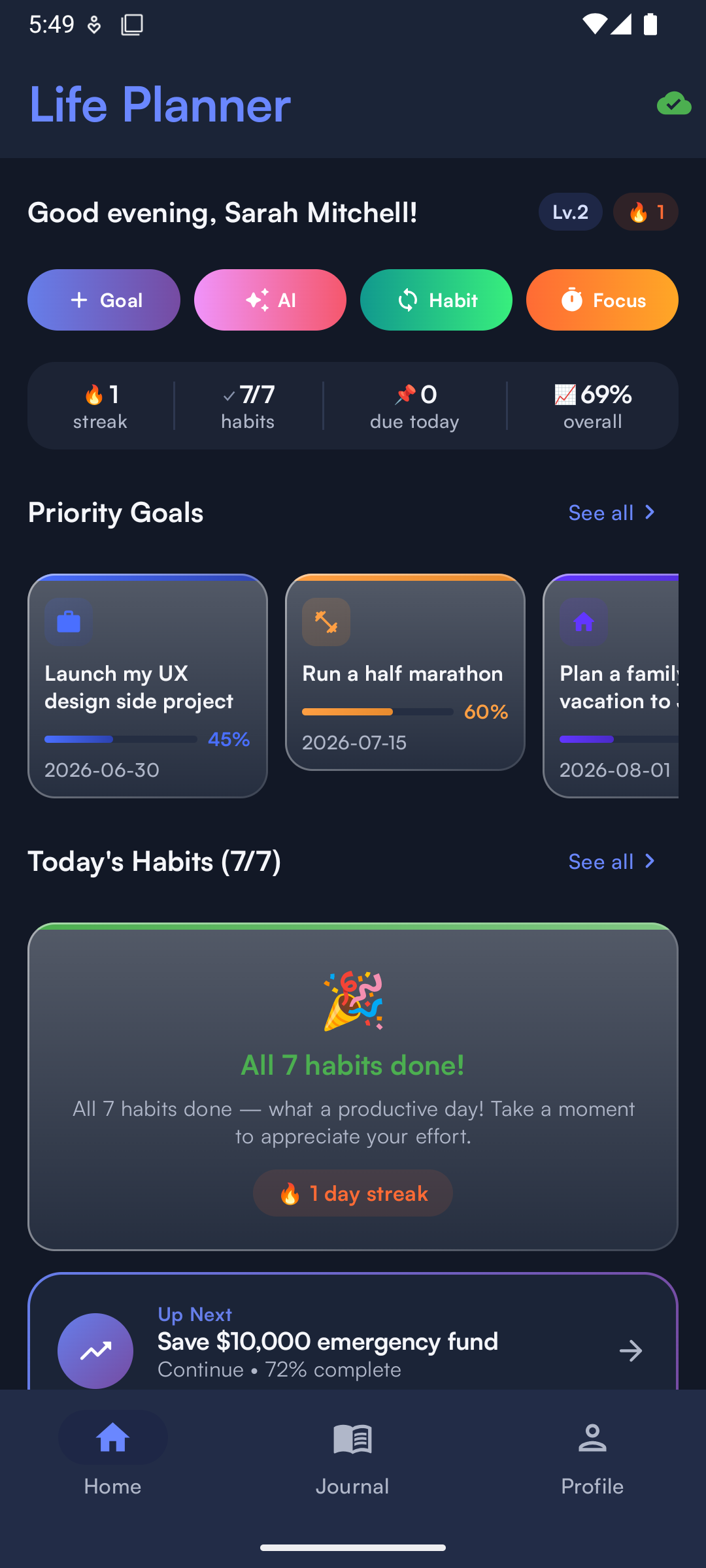 Life Planner home screen